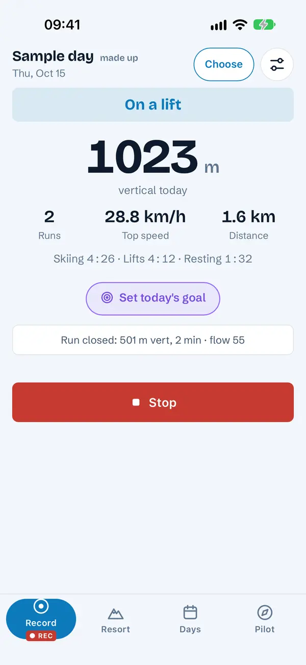The Record screen mid-run: vertical, runs, speed and time on the snow