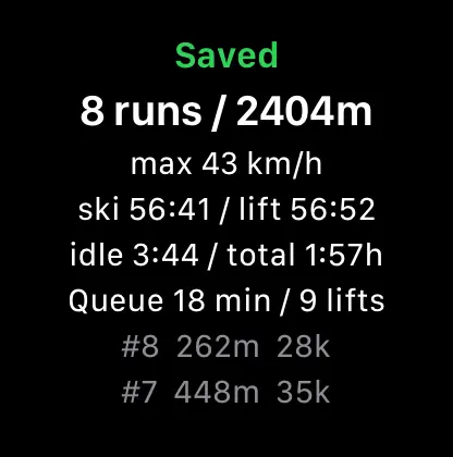 Apple Watch day saved: 8 runs, 2404 m, time skiing and on lifts